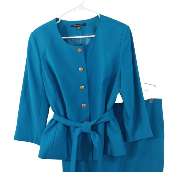 NWOT! ZAC & RACHEL! TURQUOISE BLUE BELTED WAIST 2 PC JACKET & SKIRT SUIT! SZ 14 - Picture 3 of 11